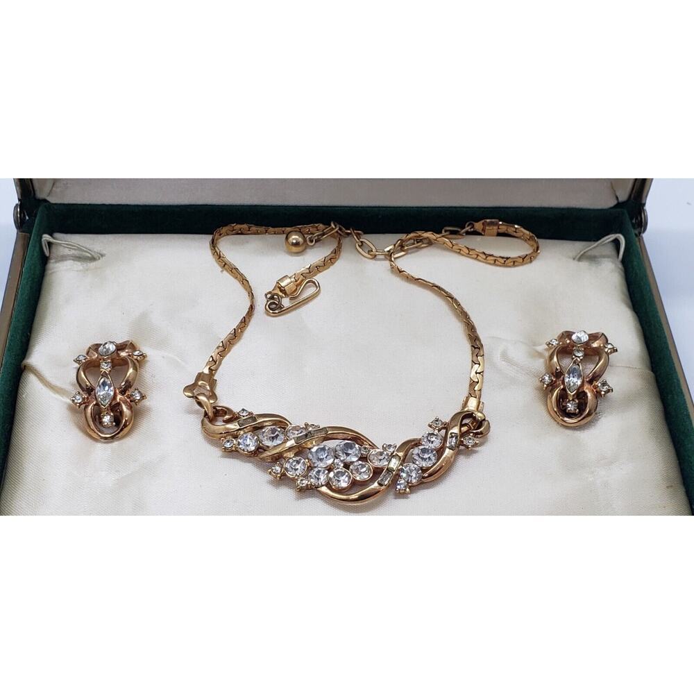 Vintage Gold Necklace Choker Earrings Rhinestone Set Palomar Jewels NOS in Box